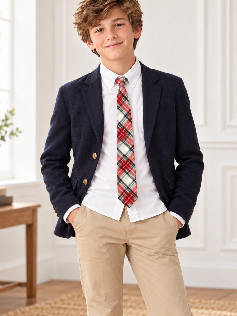 J Crew Crewcuts Plaid Classic Tie, red, black, white, yellow